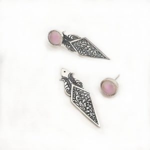 گوشواره نقره قلمزنی و سنگ کوارتز صورتی